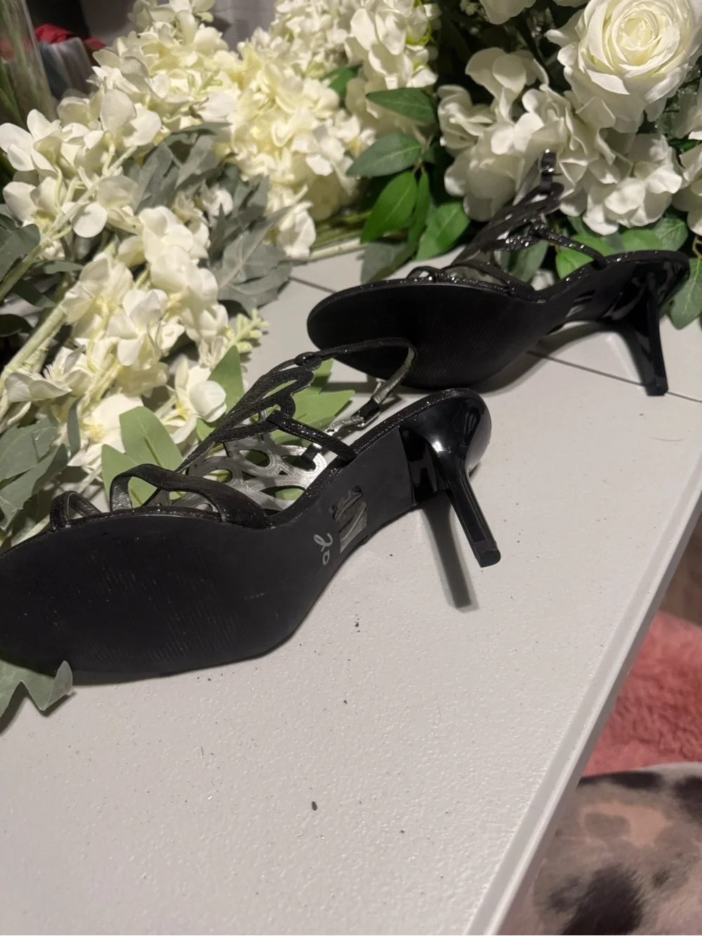Nine West Black Glitter Cutout Slingback Heels